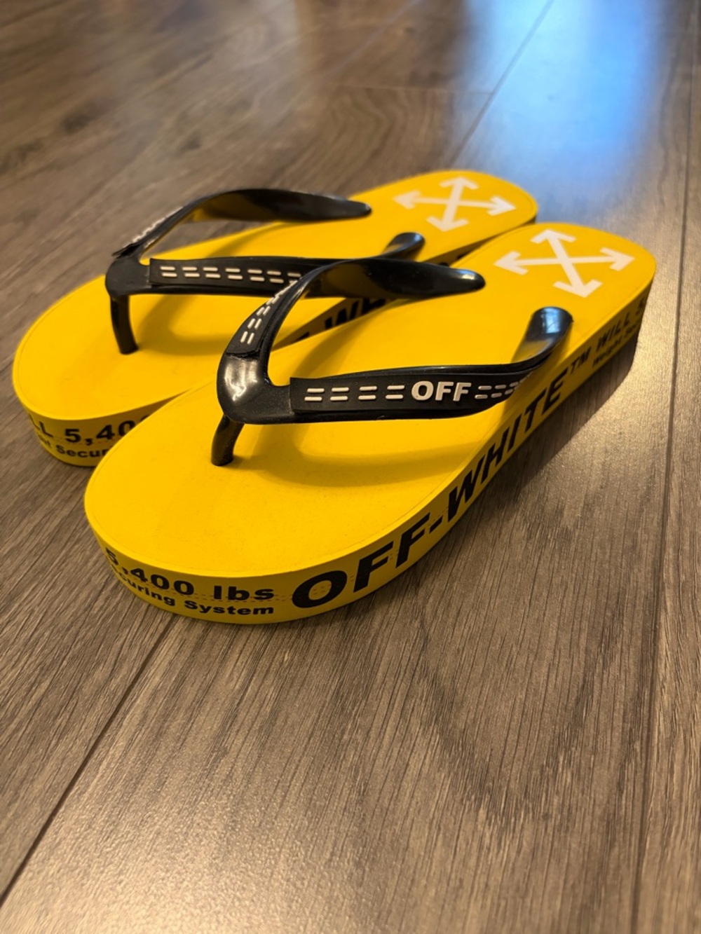 Off-White Yellow and Black Logo Flip Flops